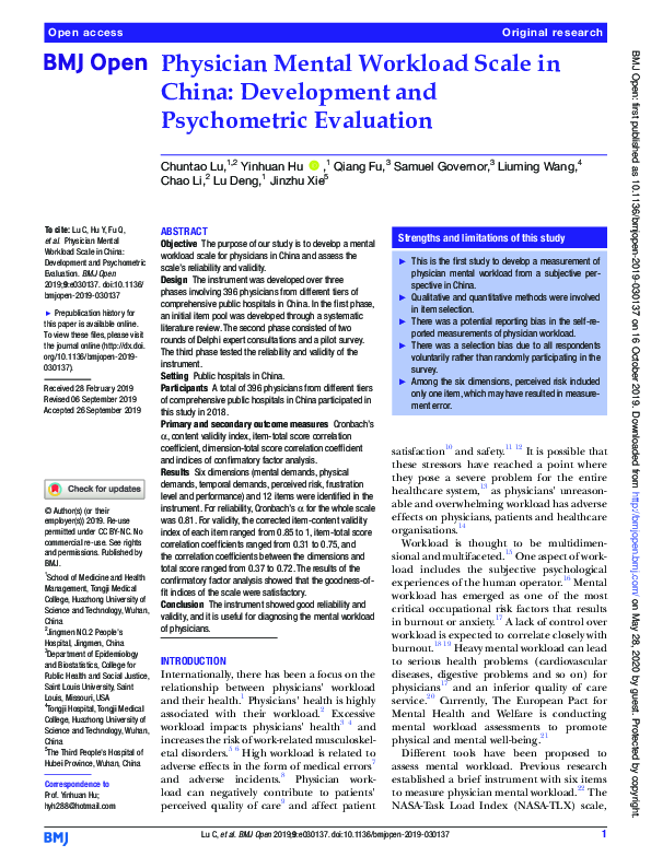 (PDF) Physician Mental Workload Scale in China: Development and ...