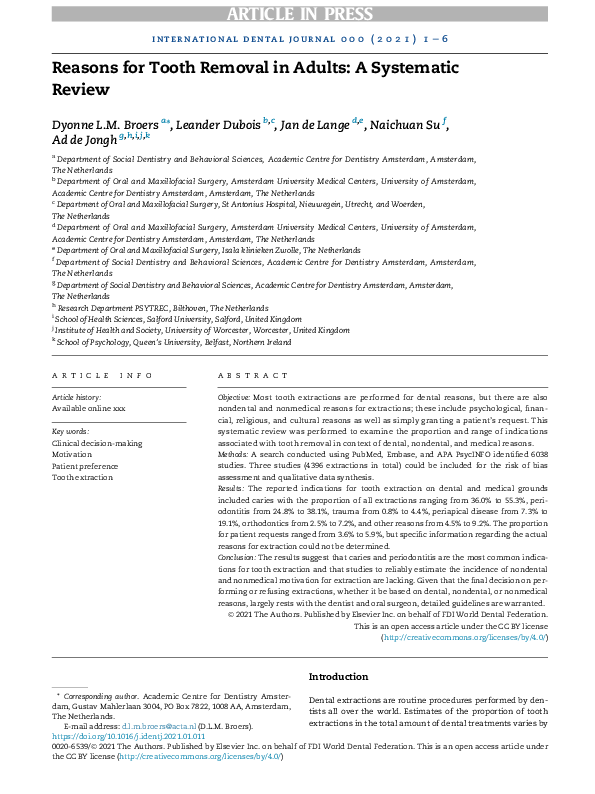(PDF) Reasons for Tooth Removal in Adults: A Systematic Review