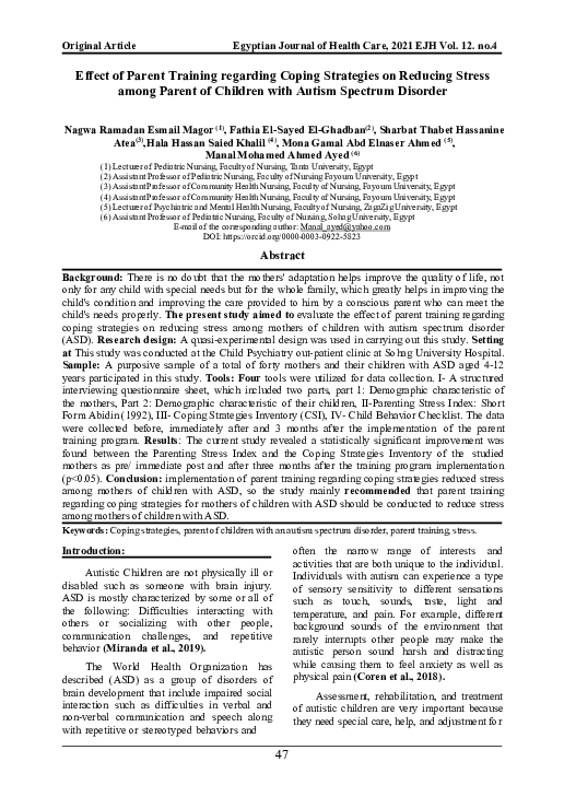 (PDF) Effect of Parent Training regarding Coping Strategies on Reducing ...