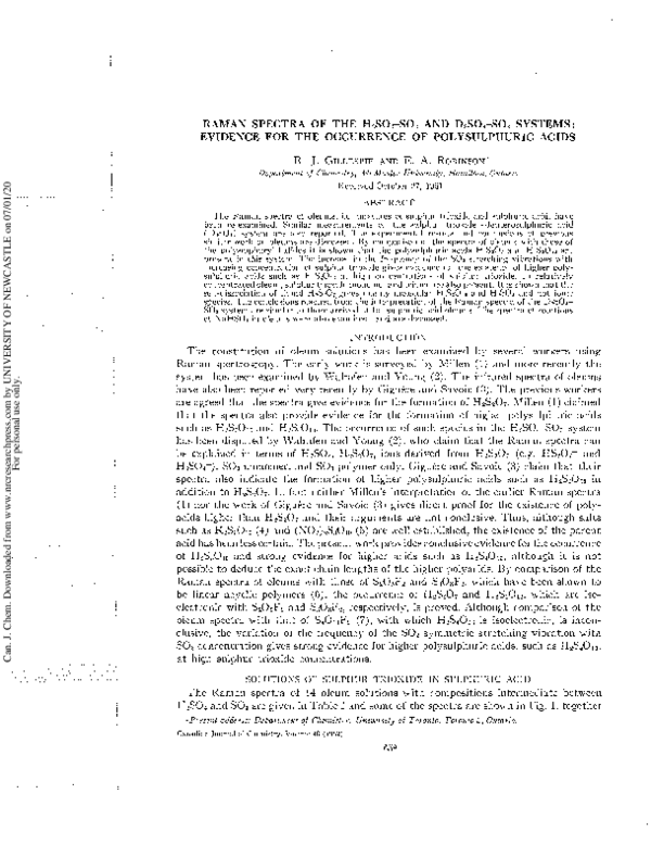 (PDF) Raman Spectra of the H2SO4–SO3 and D2SO4–SO3 Systems: Evidence ...