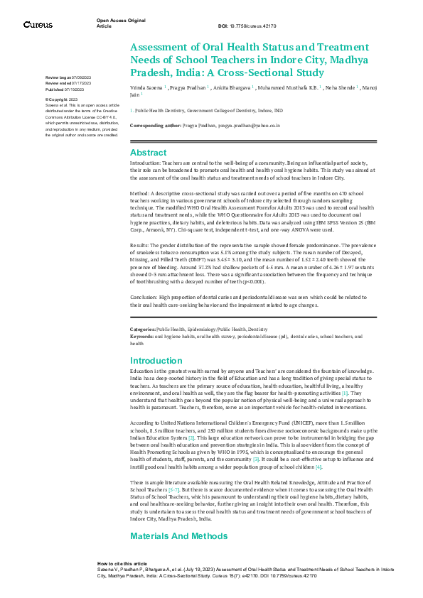 (PDF) Assessment of Oral Health Status and Treatment Needs of School ...