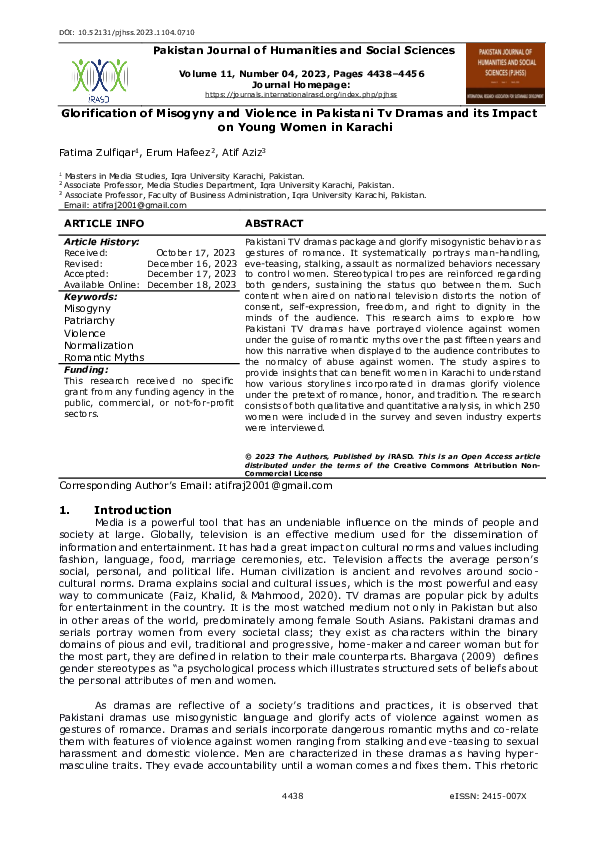 Pdf Glorification Of Misogyny And Violence In Pakistani Tv Dramas And