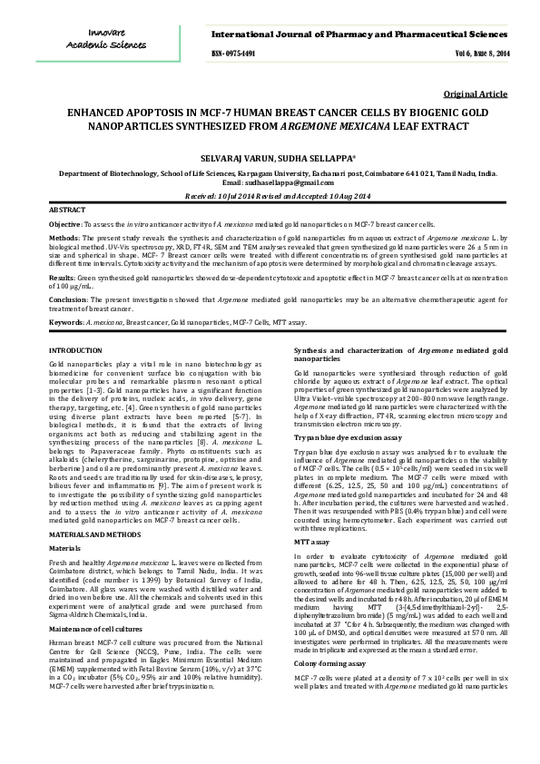(PDF) ENHANCED APOPTOSIS IN MCF-7 HUMAN BREAST CANCER CELLS BY BIOGENIC ...