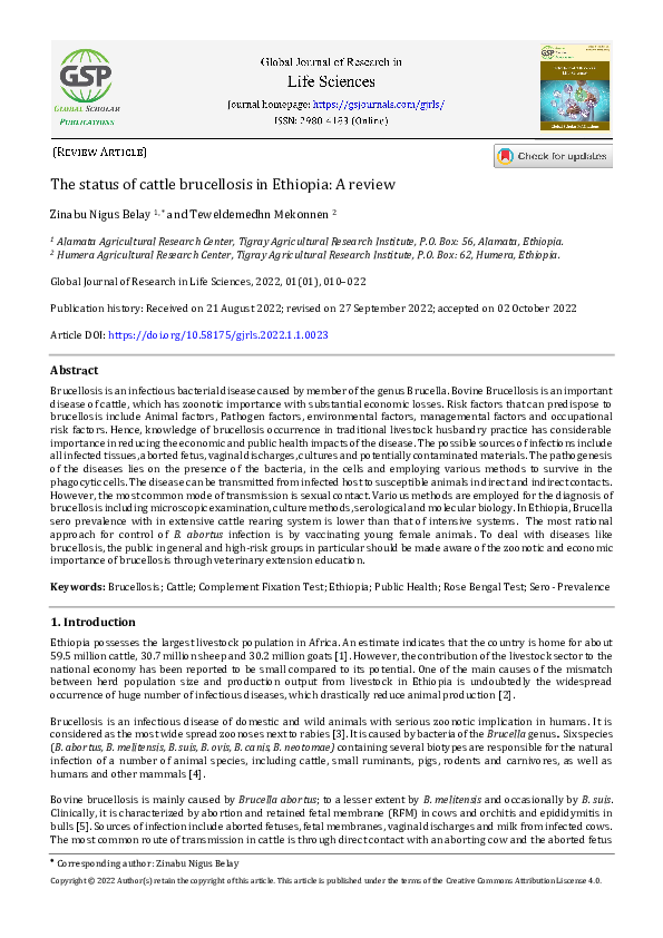 (PDF) The status of cattle brucellosis in Ethiopia: A review