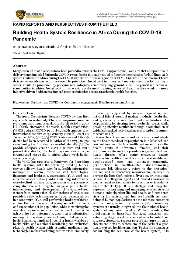 (PDF) Building Health System Resilience in Africa During the COVID-19 ...