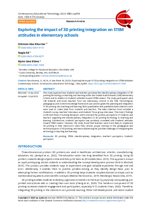 (PDF) Exploring the impact of 3D printing integration on STEM attitudes ...