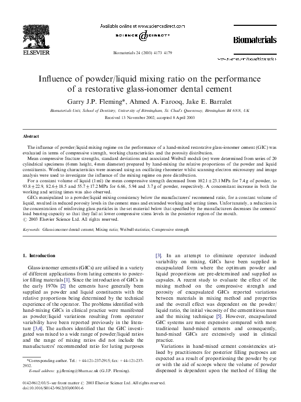 (PDF) Influence of powder/liquid mixing ratio on the performance of a restorative glassionomer