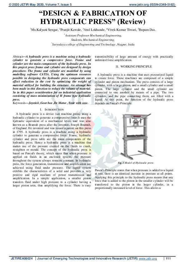 (PDF) “DESIGN & FABRICATION OF HYDRAULIC PRESS”(Review)
