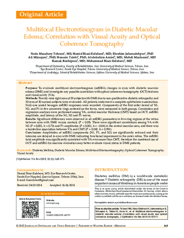 (PDF) Multifocal electroretinogram in diabetic macular edema and its ...