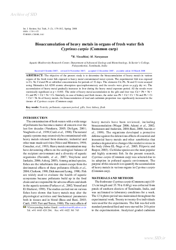 (PDF) Bioaccumulation of heavy metals in organs of fresh water fish ...