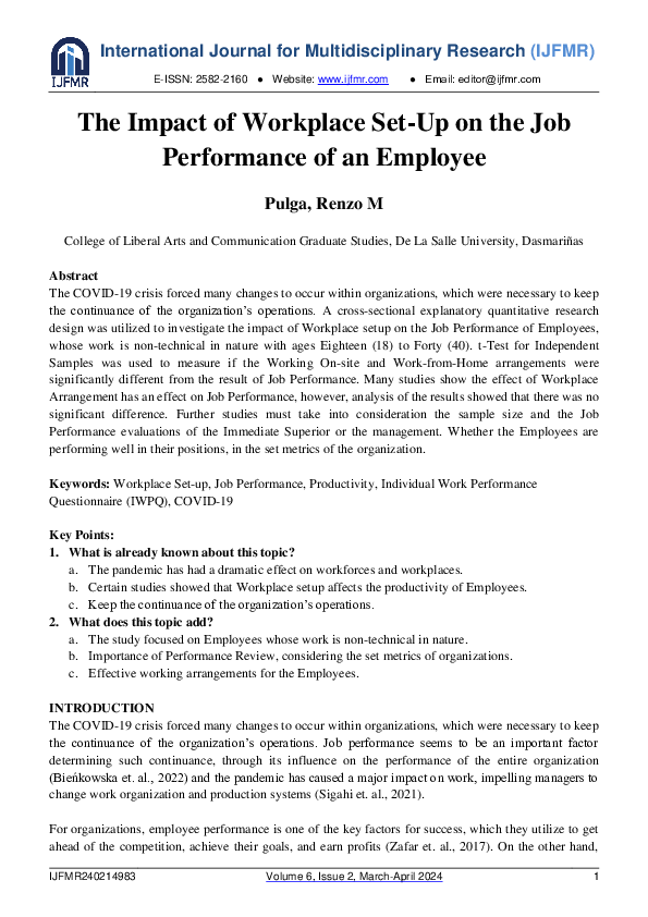 (PDF) The Impact of Workplace Set-Up on the Job Performance of an Employee