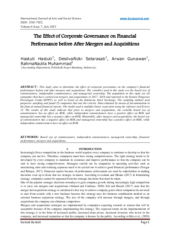 (PDF) The Effect of Corporate Governance on Financial Performance ...