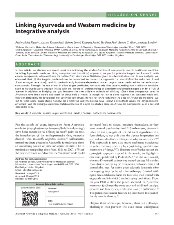 (PDF) Linking Ayurveda and Western medicine by integrative analysis