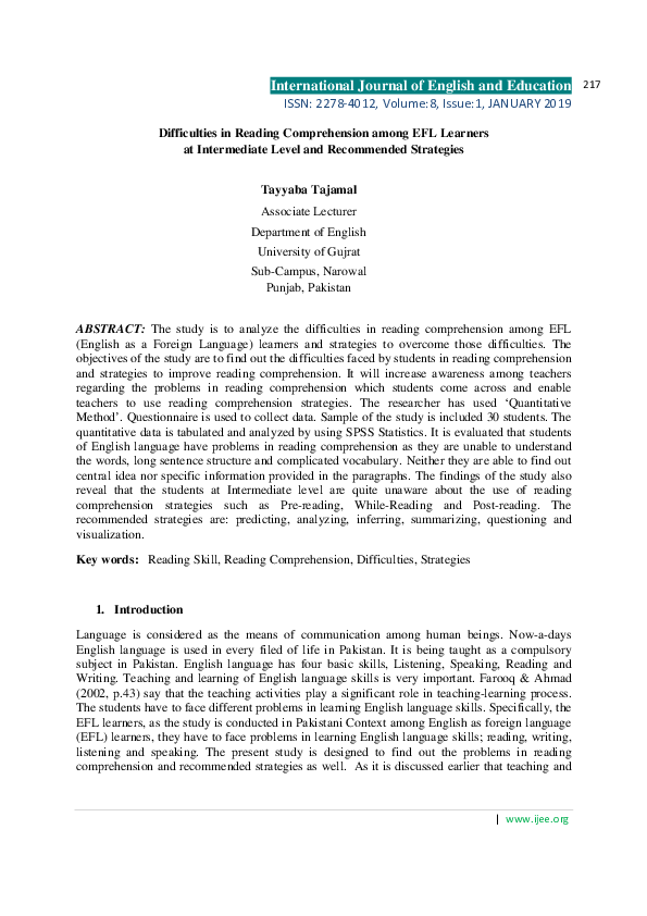 (PDF) Difficulties in Reading Comprehension among EFL Learners at ...