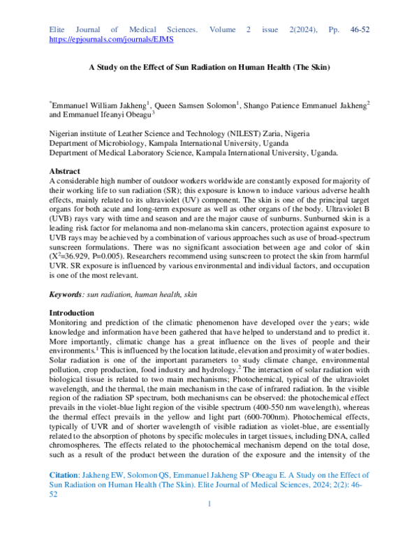 (PDF) A Study on the Effect of Sun Radiation on Human Health (The Skin