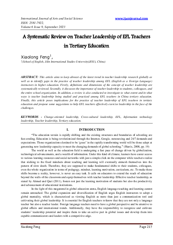 (PDF) A Systematic Review on Teacher Leadership of EFL Teachers in ...