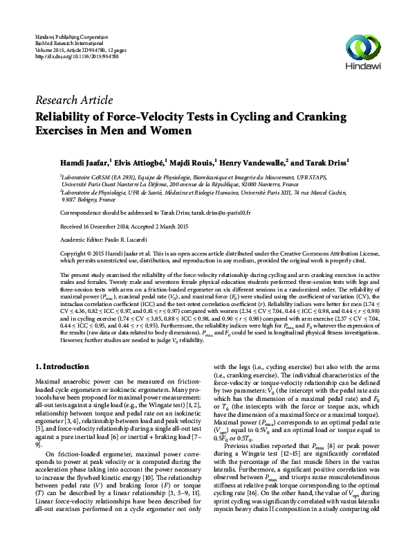 (PDF) Reliability of Force-Velocity Tests in Cycling and Cranking ...