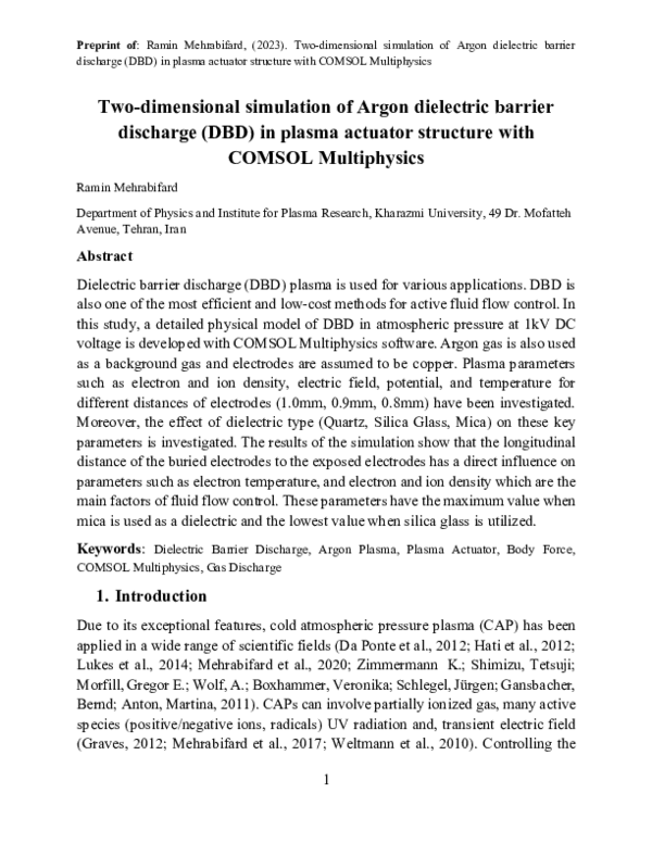 (PDF) Two-dimensional simulation of Argon dielectric barrier discharge ...