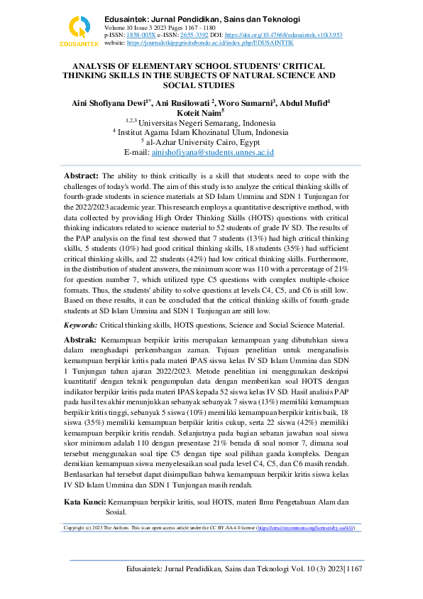 (PDF) Analysis of Elementary School Students' Critical Thinking Skills ...