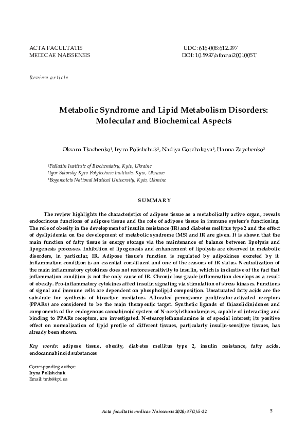(PDF) Metabolic syndrome and lipid metabolism disorders: Molecular and ...