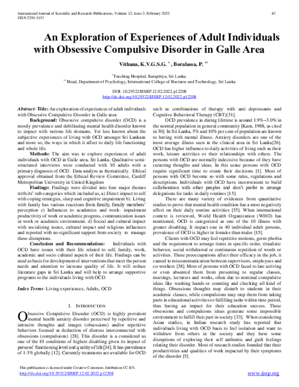 PDF An Exploration of Experiences of Adult Individuals with Obsessive
