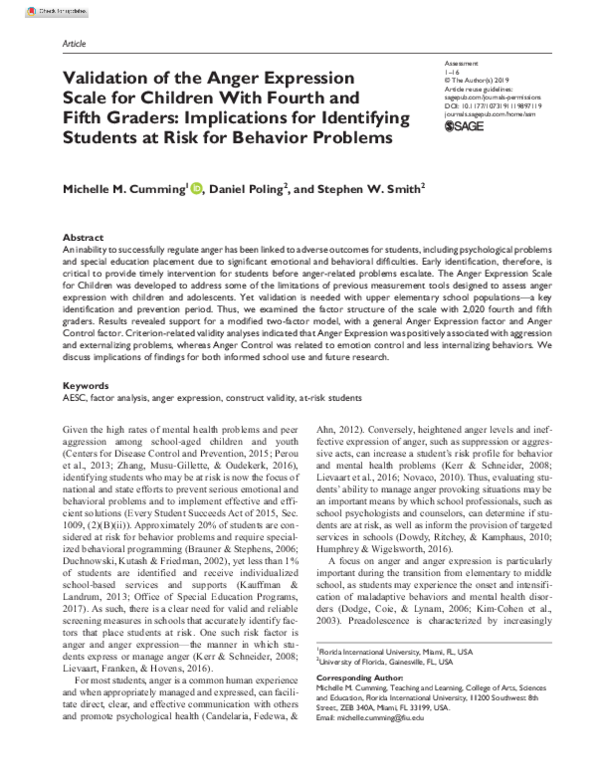 (PDF) Validation of the Anger Expression Scale for Children With Fourth ...