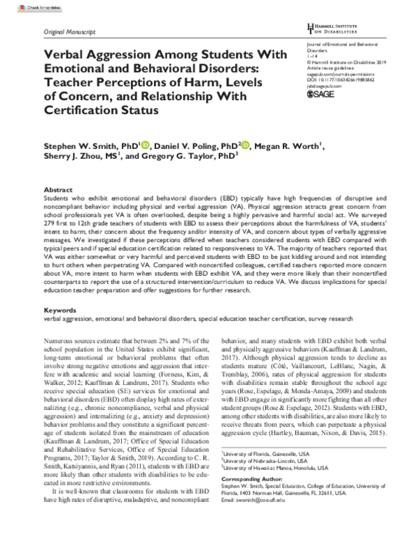 (PDF) Verbal Aggression Among Students With Emotional and Behavioral ...