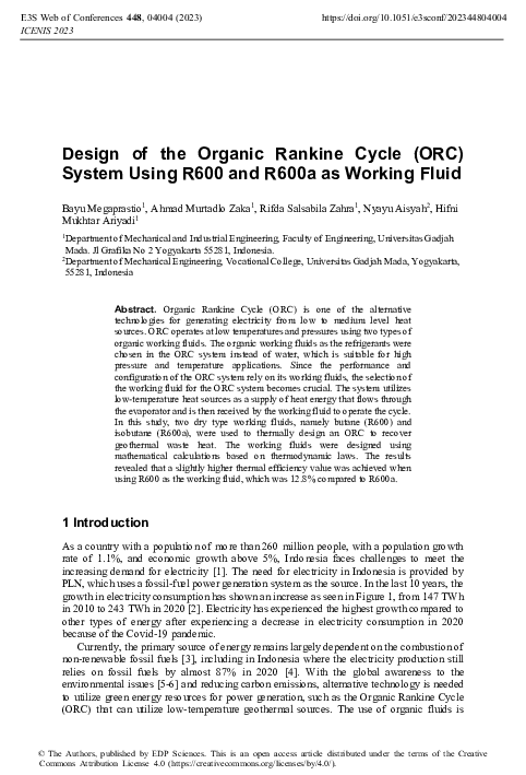 (PDF) Design of the Organic Rankine Cycle (ORC) System Using R600 and ...