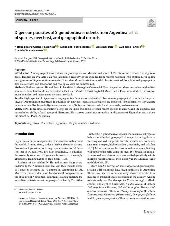 (PDF) Digenean parasites of Sigmodontinae rodents from Argentina: a ...