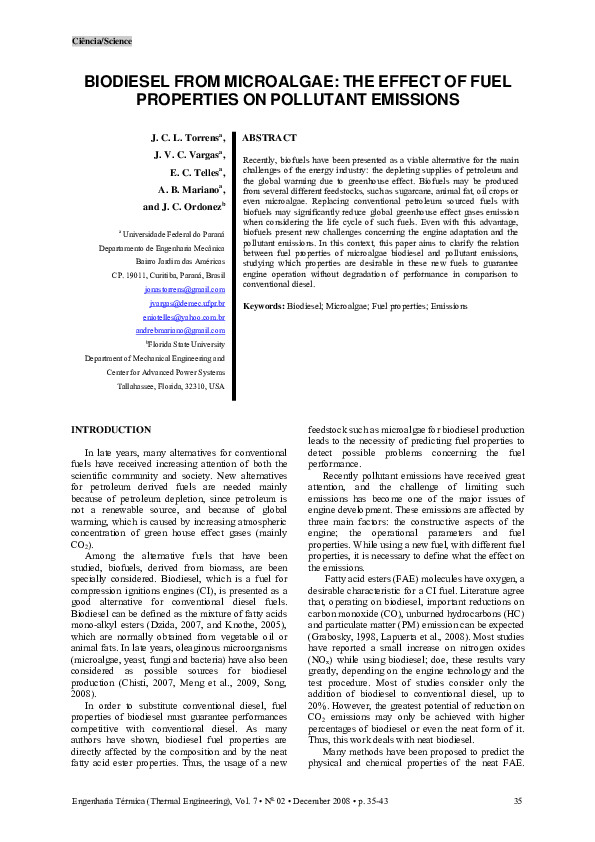 (PDF) Biodiesel from Microalgae: The Effect of Fuel Properties on ...