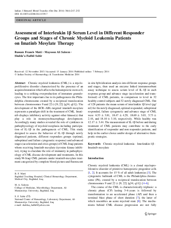 (PDF) Assessment of Interleukin 1β Serum Level in Different Responder ...