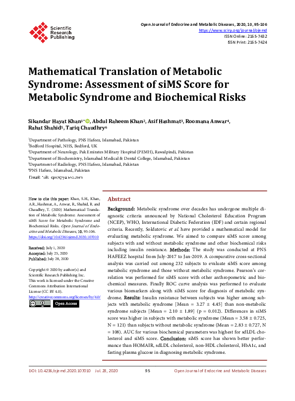 (PDF) Mathematical Translation of Metabolic Syndrome: Assessment of ...