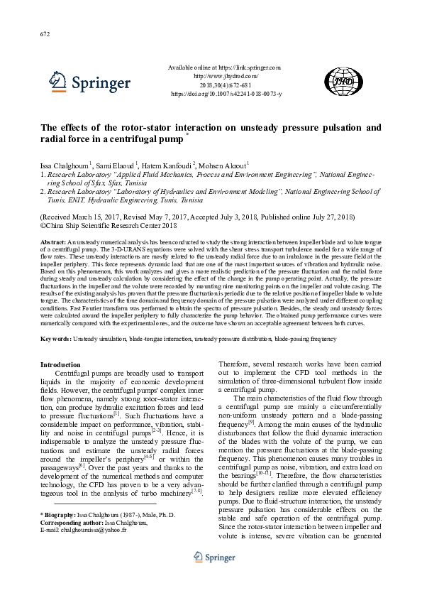 (PDF) The effects of the rotor-stator interaction on unsteady pressure ...