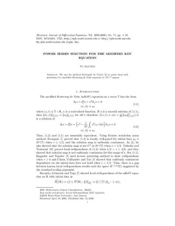 (PDF) Power series solution for the modified KdV equation