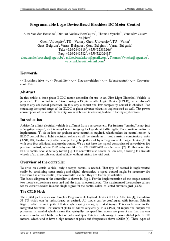 (PDF) Programmable Logic Device based brushless DC motor control