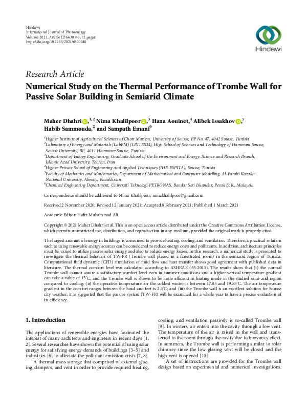 (PDF) Numerical Study on the Thermal Performance of Trombe Wall for ...