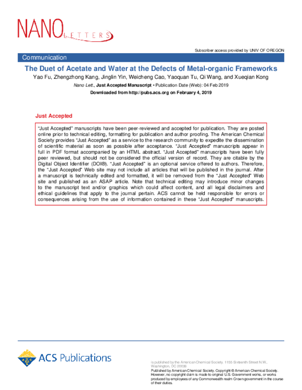 (PDF) Duet of Acetate and Water at the Defects of Metal–Organic Frameworks