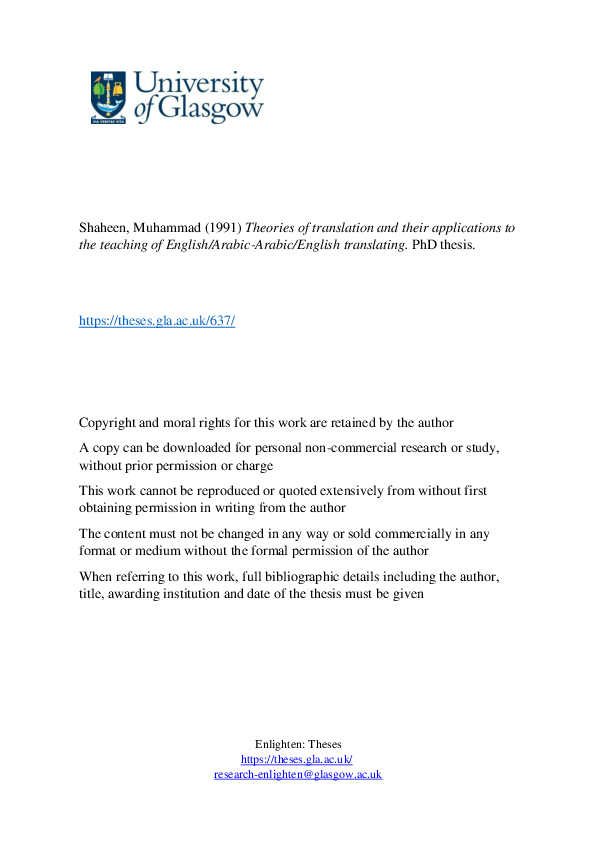 Theories of translation and their applications to the teaching of English/Arabic-Arabic/English translating