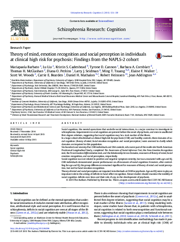 (PDF) Theory of mind, emotion recognition and social perception in ...