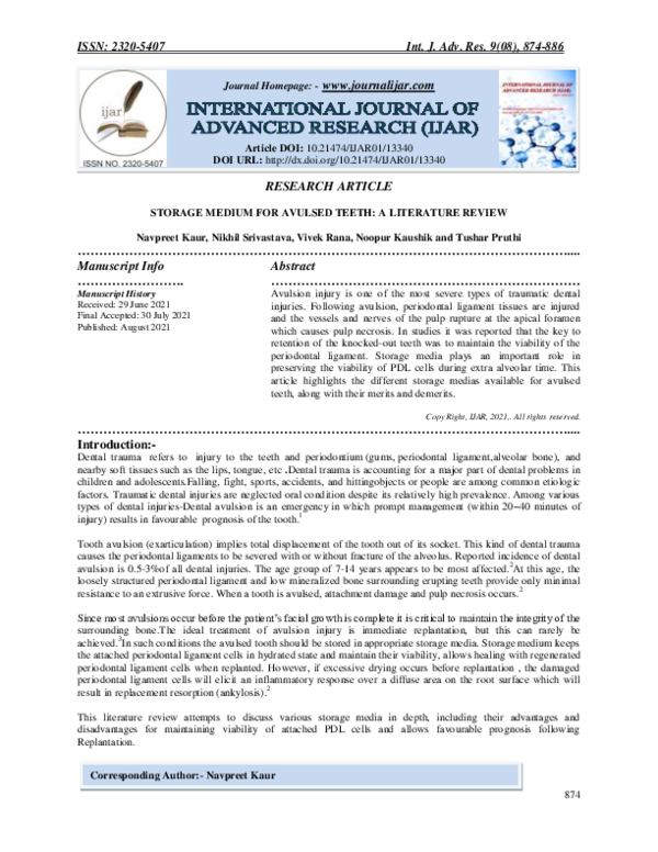 (PDF) Storage Medium for Avulsed Teeth A Literature Review Nikhil Srivastava Academia.edu