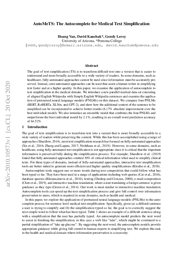 (PDF) AutoMeTS: The Autocomplete for Medical Text Simplification