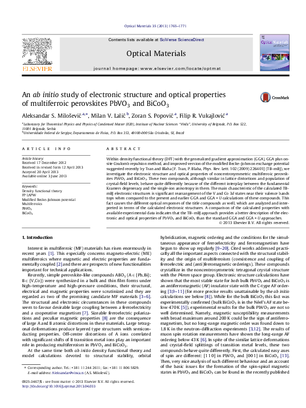(PDF) An ab initio study of electronic structure and optical properties ...