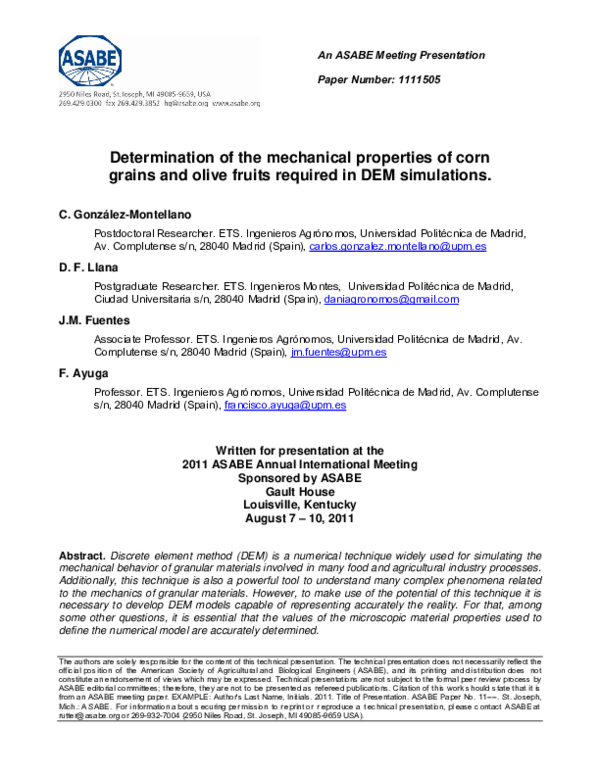 (PDF) Determination of the mechanical properties of corn grains and ...