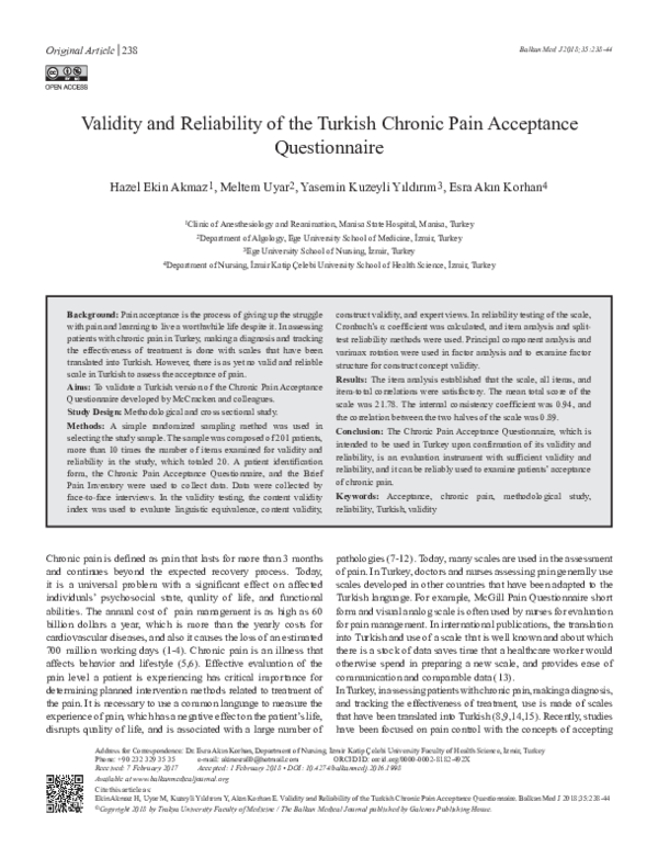 (PDF) Validity and Reliability of the Turkish Chronic Pain Acceptance ...