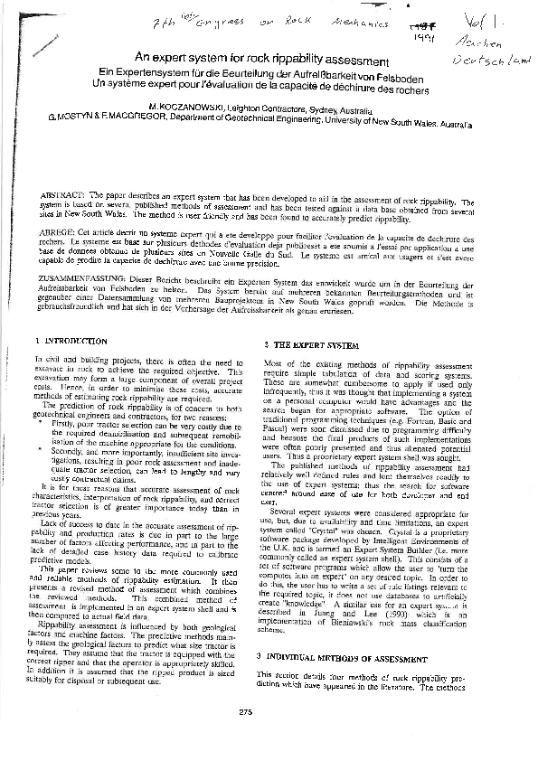 (PDF) Expert system for rock rippability assessment