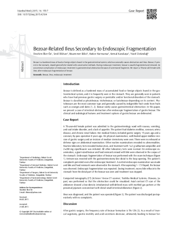(PDF) Bezoar-Related Ileus Secondary to Endoscopic Fragmentation