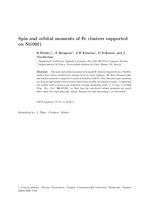 (PDF) Spin and orbital moments of Fe clusters supported on Ni(001)