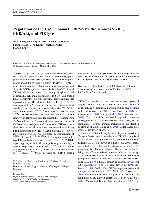 (PDF) Regulation of the Ca2+ Channel TRPV6 by the Kinases SGK1, PKB/Akt ...