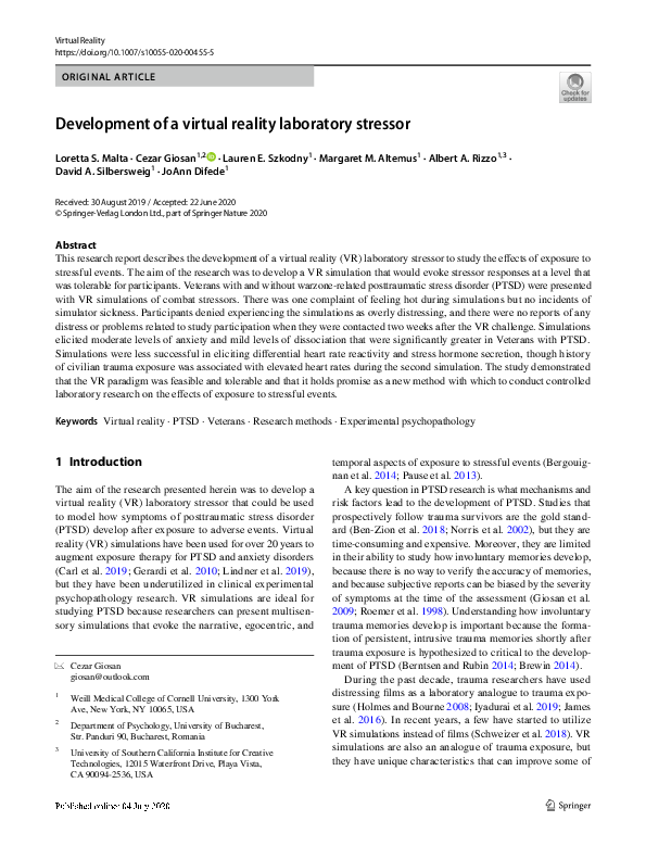 (PDF) Development of a virtual reality laboratory stressor