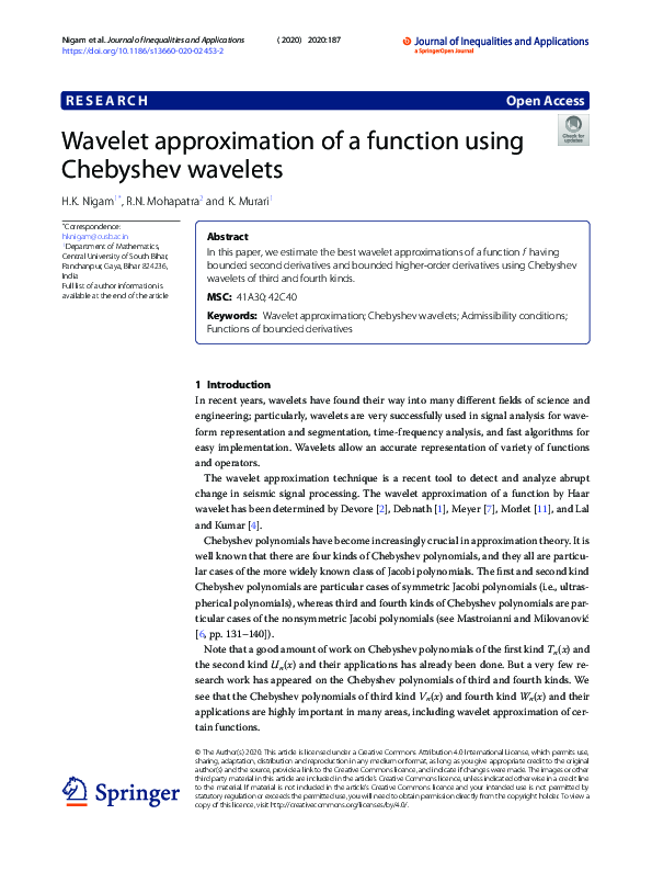 (PDF) Wavelet approximation of a function using Chebyshev wavelets